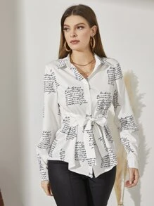 SHEIN LUNE Slogan Graphic Tie Front Blouse - White - View 4