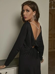 珍珠釘珠扭結露背洋裝 - 黑色 - 查看 4