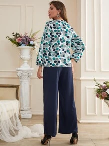 Dot And Leaf Print Ruffle Trim Lantern Sleeve Blouse - Multicolor - View 2