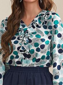 Dot And Leaf Print Ruffle Trim Lantern Sleeve Blouse - Multicolor - View 4