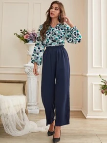 Dot And Leaf Print Ruffle Trim Lantern Sleeve Blouse - Multicolor - View 6