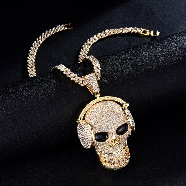 

Men Rhinestone Skull Charm Necklace, Gold