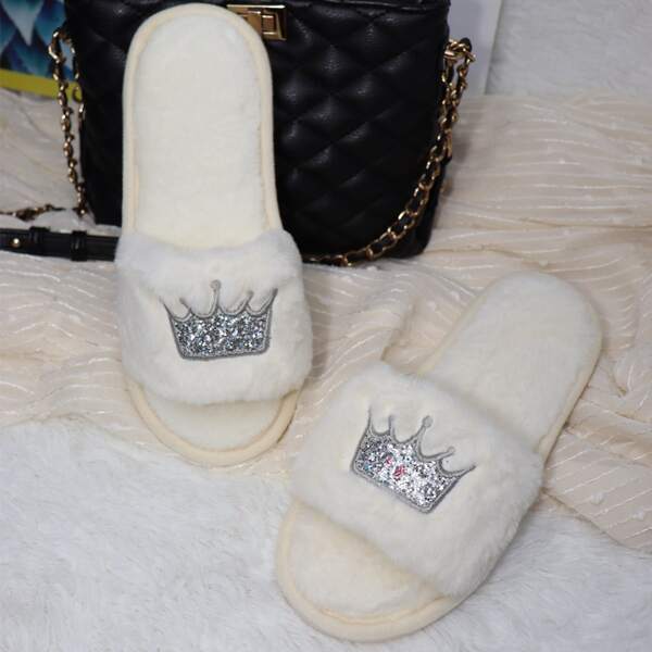 

Crown Graphic Fuzzy Slippers, White