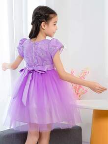 女孩亮片花卉刺繡泡泡袖網紗邊腰帶晚禮服 - 紫丁香色 - 查看 2