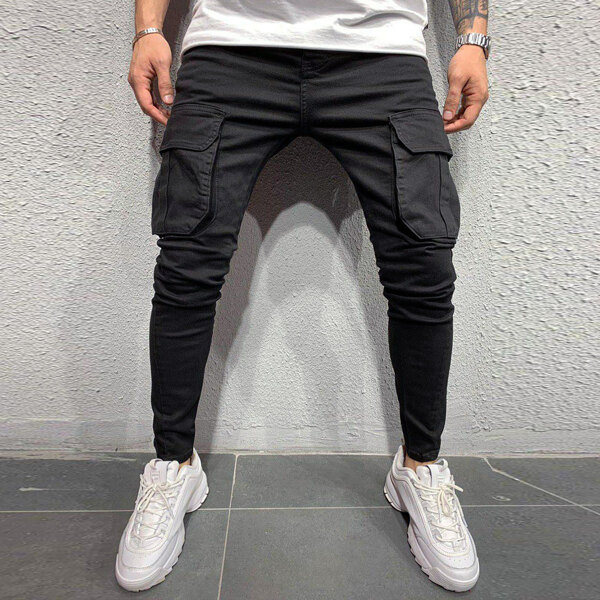 

Men Flap Pockets Cargo Jeans, Black