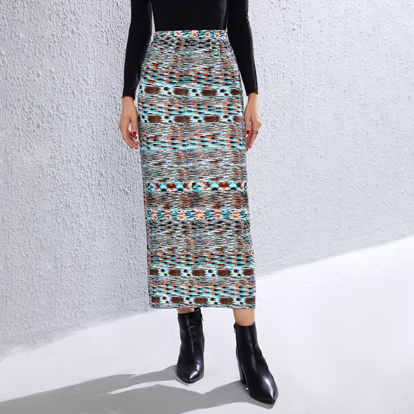 

Allover Print Split Hem Skirt, Multicolor