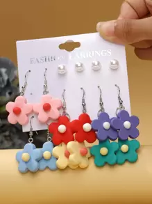 8雙花朵裝飾耳環 - 彩色 - 查看 1