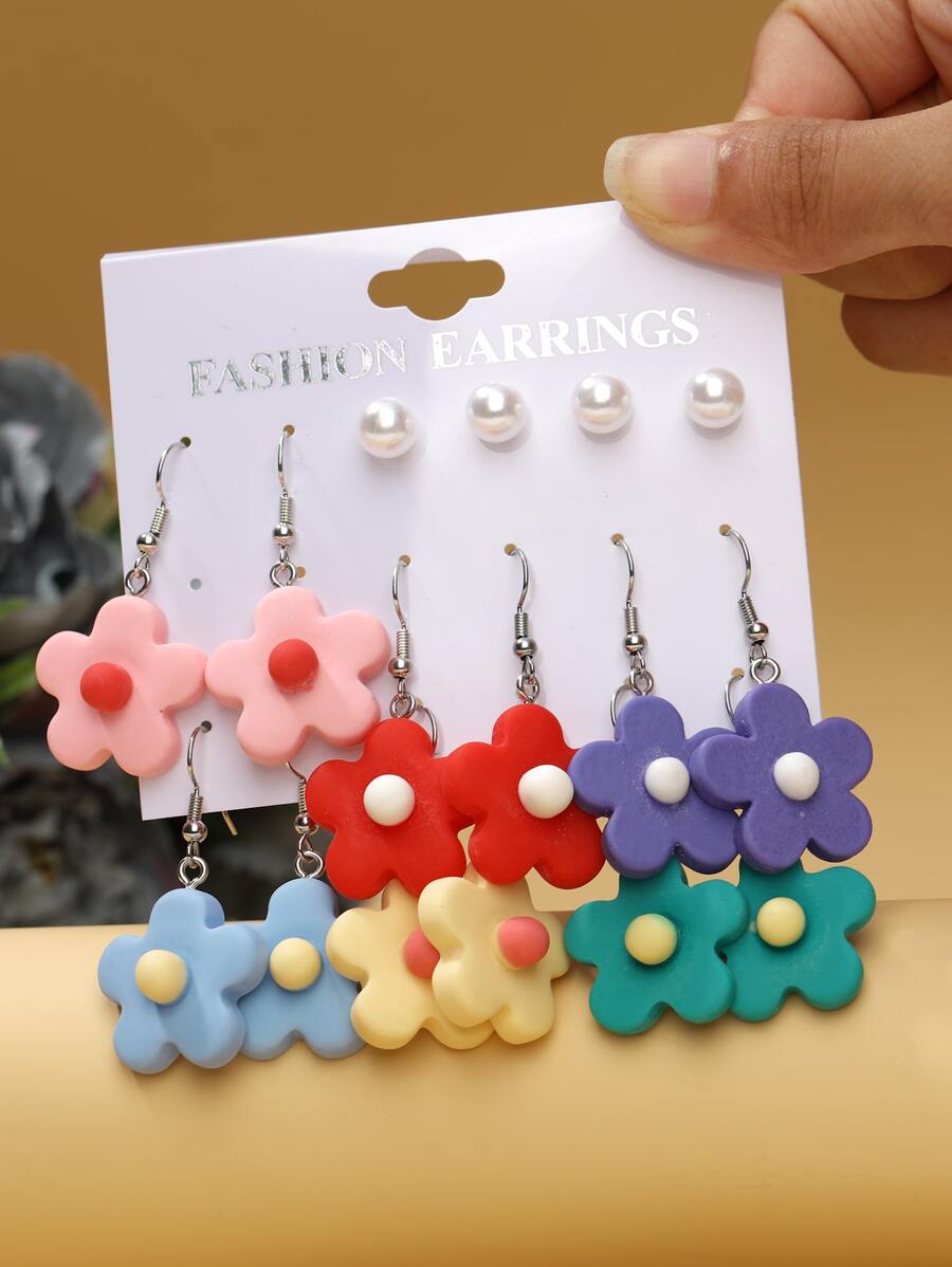 8雙花朵裝飾耳環 - 彩色 - 查看 1