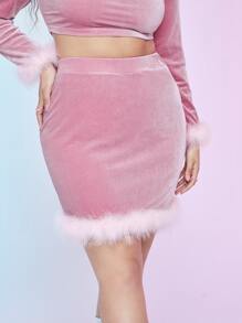 Falda ajustada ribete de peluche de terciopelo - Rosa Pálido - Ver 3