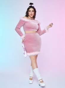 Falda ajustada ribete de peluche de terciopelo - Rosa Pálido - Ver 5