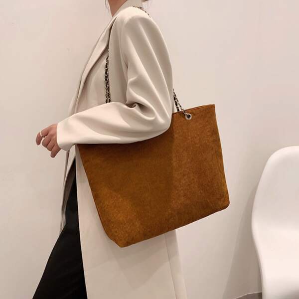 

Corduroy Chain Shoulder Tote Bag, Brown