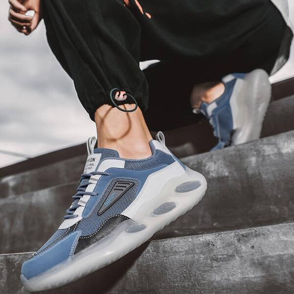 

Men Mesh Panel Lace Up Front Sneakers, Blue