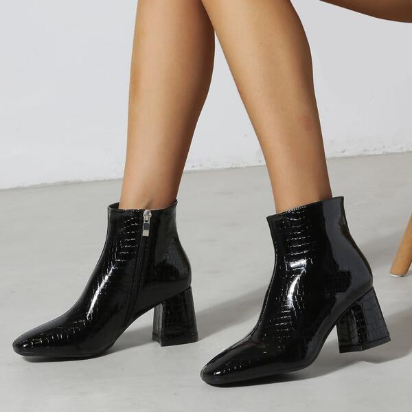 

Crocodile Embossed Side Zip Chunky Heeled Boots, Black