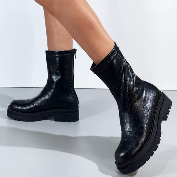 

Crocodile Embossed Back Zipper Classic Boots, Black