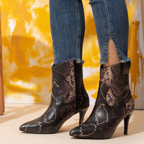 

Snakeskin Print Side Zipper Point Toe Fashion Boots, Multicolor