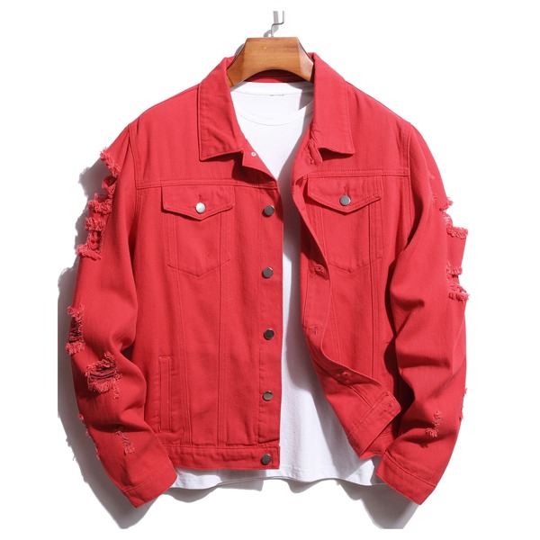 

Men Ripped Denim Jacket Without Tee, Red