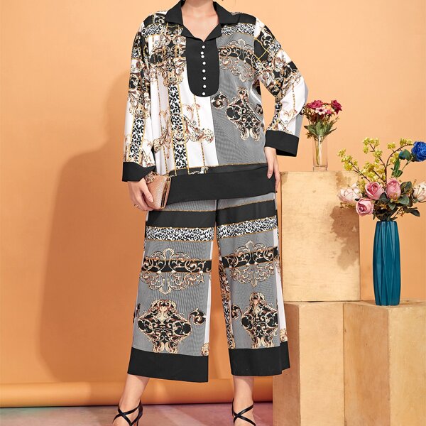 

Plus Baroque & Leopard Print Pearl Beaded Blouse & Pants, Black and white