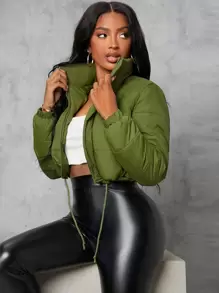 SHEIN SXY Zip Up Drawstring Crop Padded Coat In Fall/Winter - Army Green - View 1