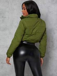 SHEIN SXY Zip Up Drawstring Crop Padded Coat In Fall/Winter - Army Green - View 2