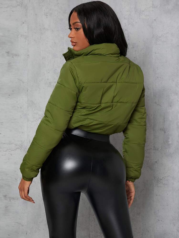 SHEIN SXY 秋冬拉链抽绳短款棉服大衣 - 軍綠色 - 查看 2