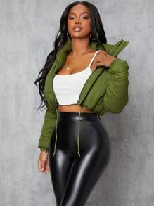 SHEIN SXY Zip Up Drawstring Crop Padded Coat In Fall/Winter - Army Green - View 6