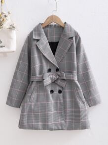 女孩格紋西裝領雙排釦腰帶外套