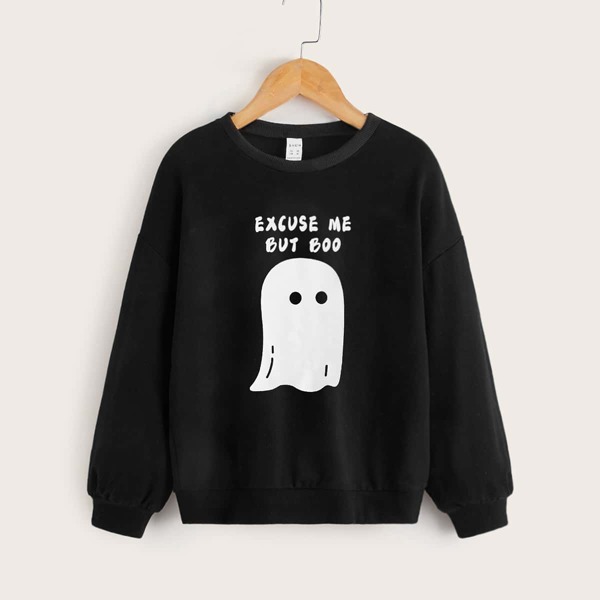 

Girls Halloween Print Drop Shoulder Sweatshirt, Black