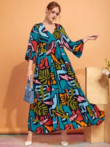 Mulvari Plus Plant Print Trumpet Sleeve Ruffle Hem Smock Dress - Multicolor - View 1