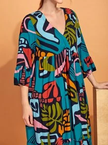 Mulvari Plus Plant Print Trumpet Sleeve Ruffle Hem Smock Dress - Multicolor - View 3