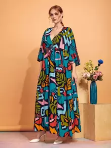 Mulvari Plus Plant Print Trumpet Sleeve Ruffle Hem Smock Dress - Multicolor - View 4