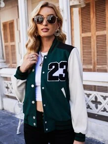Letter Patched Striped Trim Varsity Jacket - Dark Green - View 1