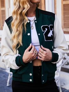 Letter Patched Striped Trim Varsity Jacket - Dark Green - View 5