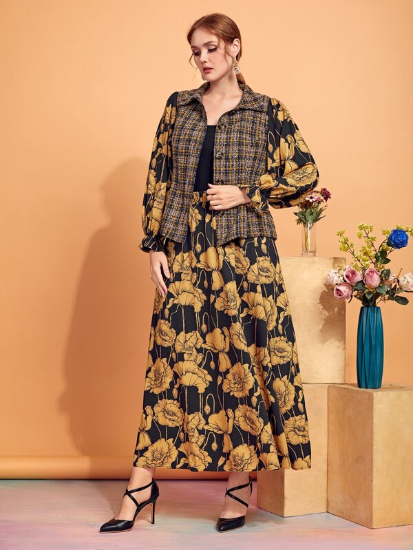 SHEIN Clasi Plus Plaid Print Long Sleeve Jacket & Floral Print Skirt