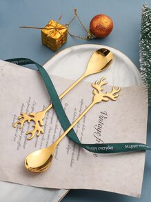 聖誕主題金色不銹鋼鹿勺套裝,適合咖啡店、家用、咖啡、蛋糕和甜點攪拌勺,2 件裝