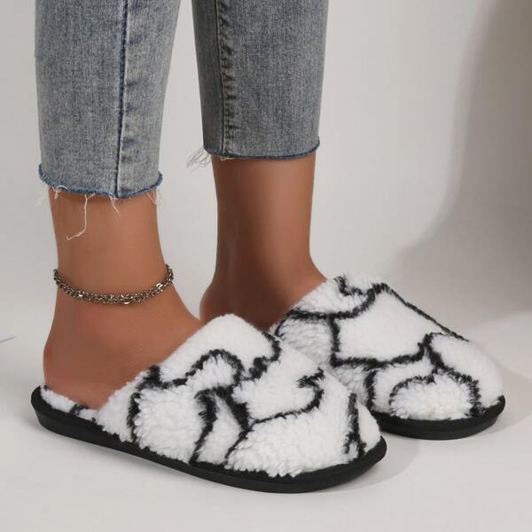 

Colorblock Fluffy Bedroom Slippers, Black and white