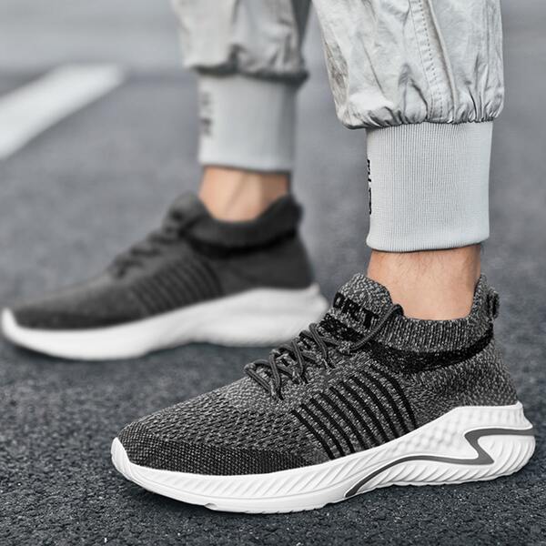 

Men Knit Detail Lace-up Front Running Shoes, Grey
