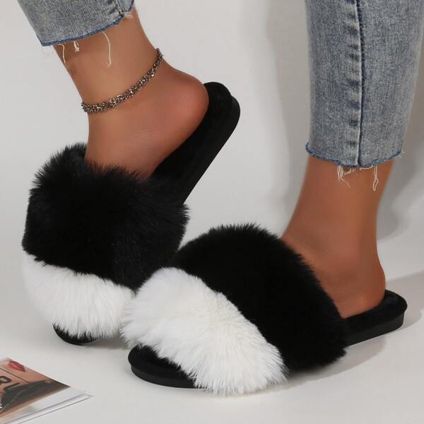 

Two Tone Fluffy Slippers, Black and white