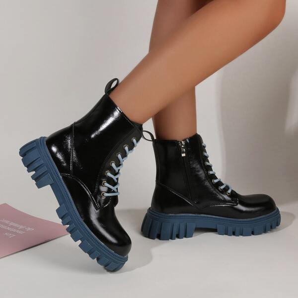 

Two Tone Side Zipper Combat Boots, Black