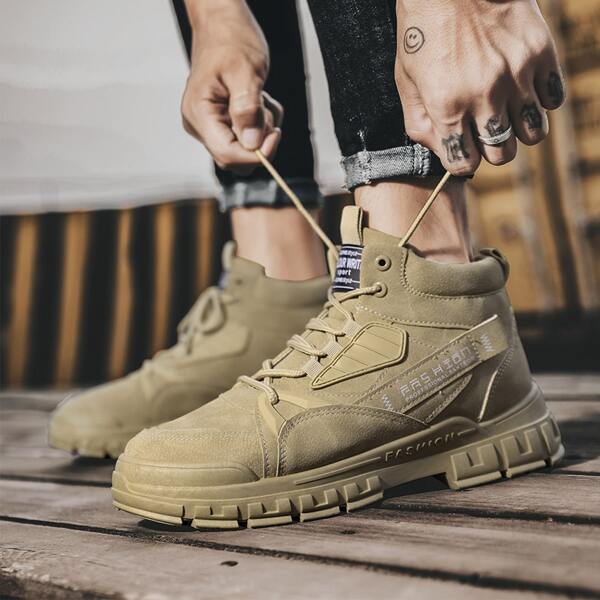 

Men Letter Patch Lace-up Front Boots, Khaki