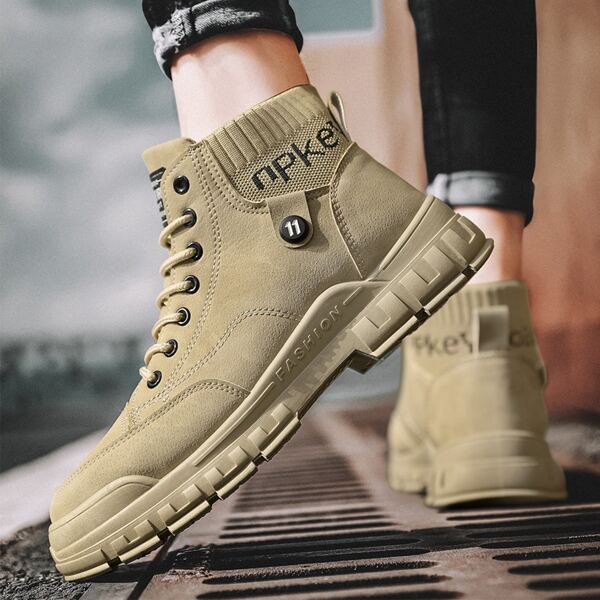 

Men Letter Graphic Lace Up Design Boots, Khaki