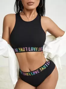 Set de lencería con cinta con letra - Negro - Ver 1