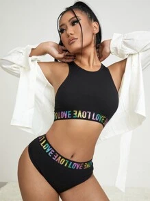 Set de lencería con cinta con letra - Negro - Ver 3