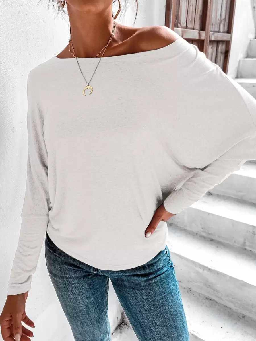 SHEIN LUNE 素色蝙蝠袖T恤 - 白色 - 查看 1