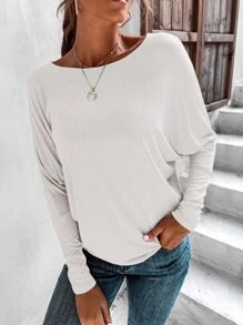 SHEIN LUNE 素色蝙蝠袖T恤 - 白色 - 查看 3