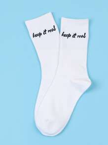 男士字母圖案中筒襪 - 白色 - 查看 2