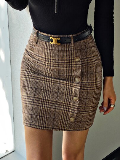 Plaid Fake Button Wool-Mix Fabric Skirt Without Belt