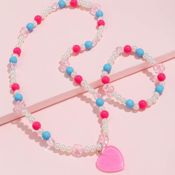 

Girls Heart Charm Beaded Necklace & Bracelet, Multicolor