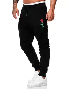 ROMWE MEN Casual Men Floral Graphic Drawstring Sweatpants, School - Black - View 3