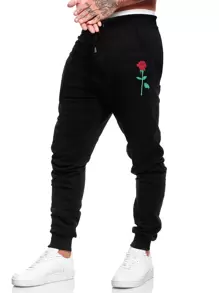 ROMWE MEN Casual Men Floral Graphic Drawstring Sweatpants, School - Black - View 4