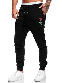 ROMWE MEN Casual Men Floral Graphic Drawstring Sweatpants, School - Black - View 5